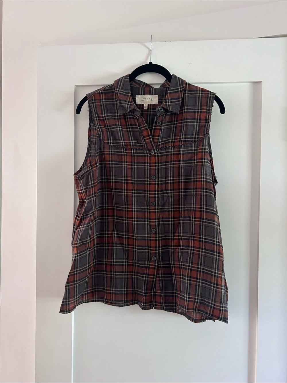 THE GREAT. Sleeveless Plaid Button-Front Shirt